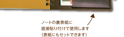 ノートの裏表紙に直接貼り付けて使用します（表紙にもセットできます）